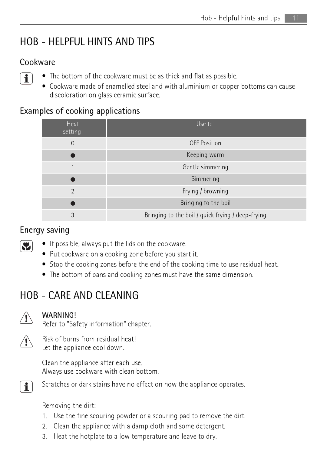 AEG 30006FF HOB Helpful Hints and Tips, HOB Care and Cleaning, Cookware, Examples of cooking applications, Energy saving 