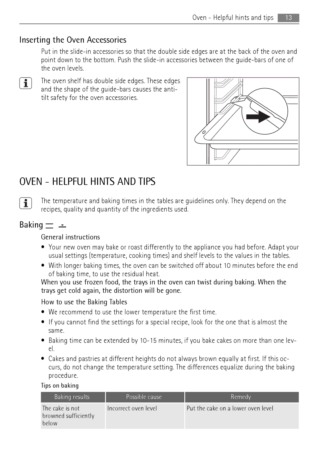 AEG 30006FF Oven Helpful Hints and Tips, Inserting the Oven Accessories, Baking results Possible cause Remedy 