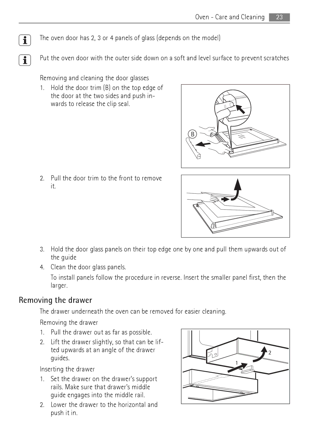 AEG 30006FF user manual Removing the drawer, Removing and cleaning the door glasses 