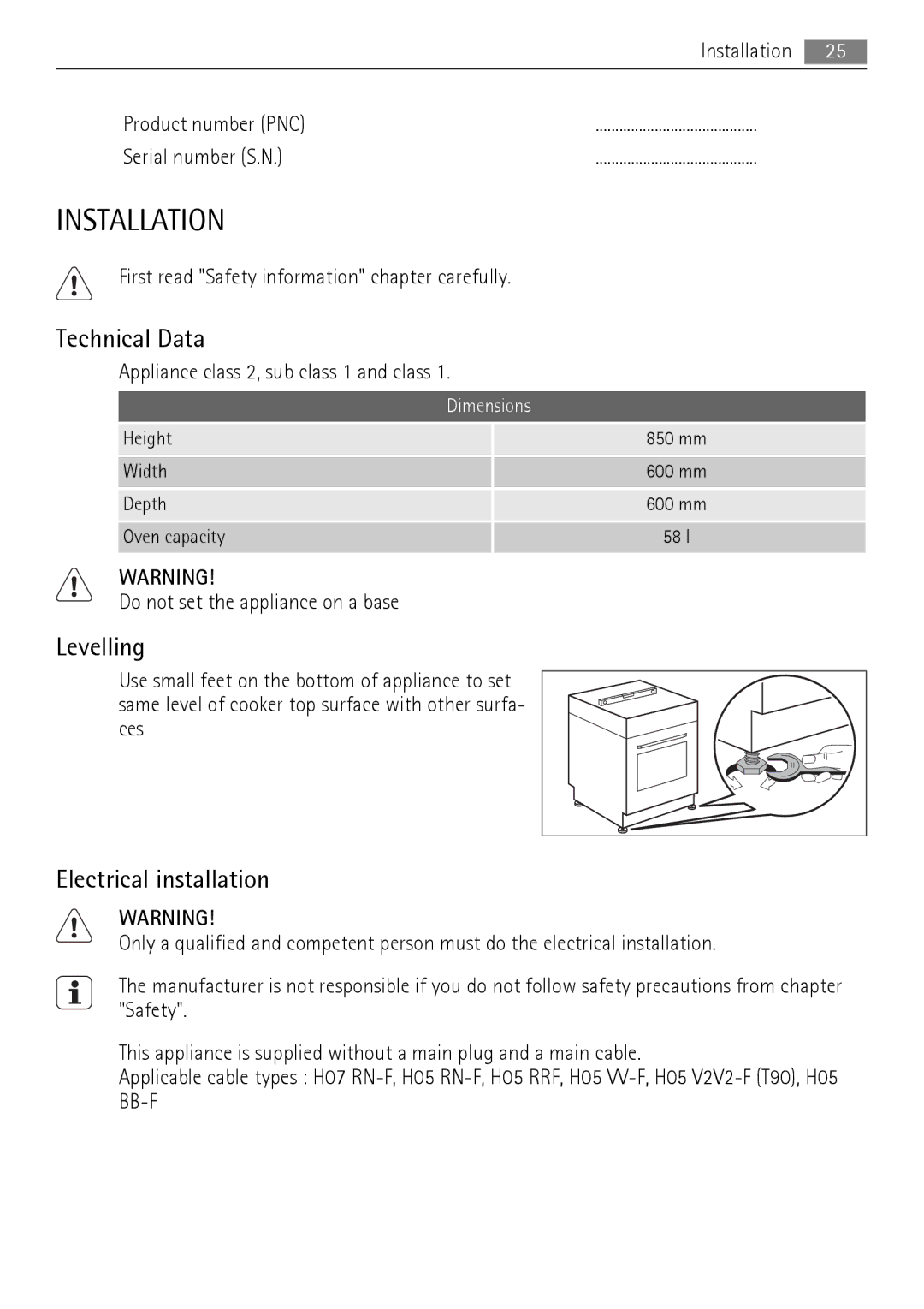 AEG 30006FF user manual Installation, Technical Data, Levelling, Electrical installation, Dimensions 