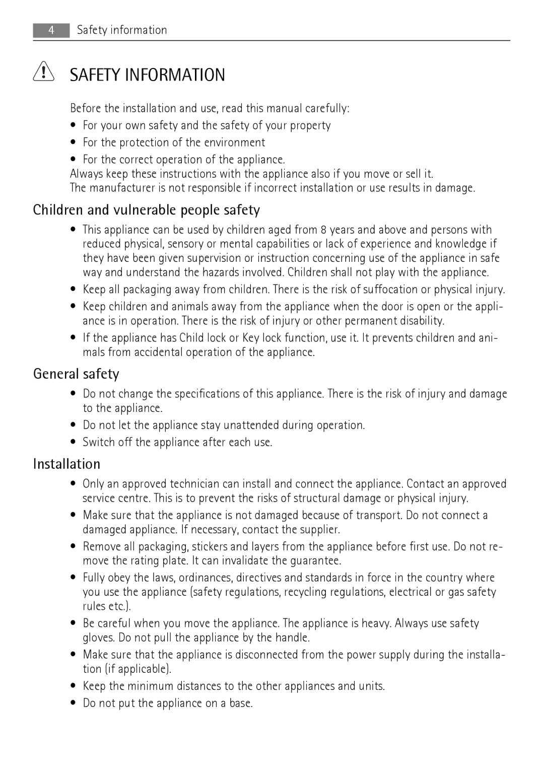 AEG 30006FF user manual Safety Information, Children and vulnerable people safety, General safety, Installation 