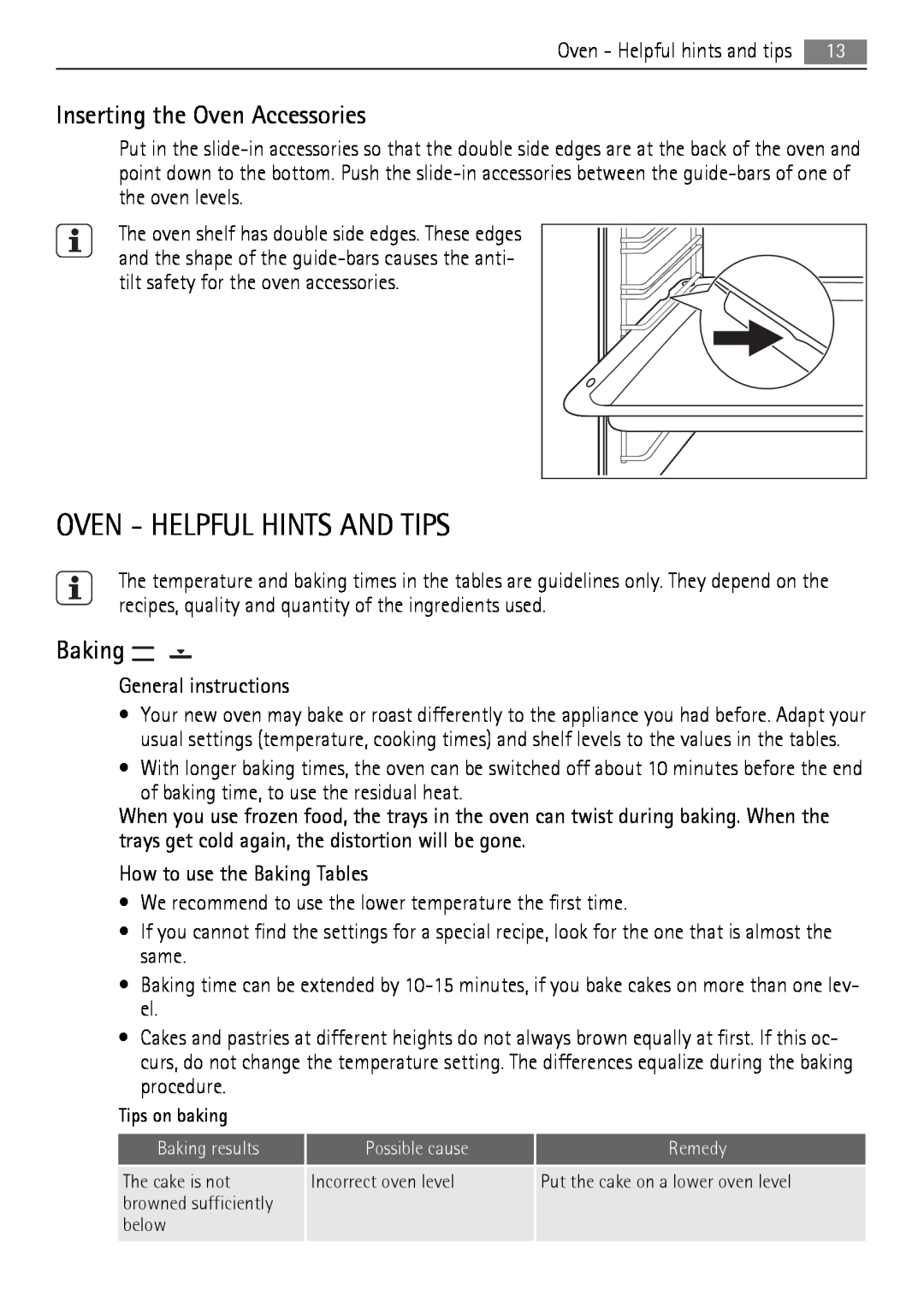 AEG 30006FF user manual Oven - Helpful Hints And Tips, Inserting the Oven Accessories, Baking 