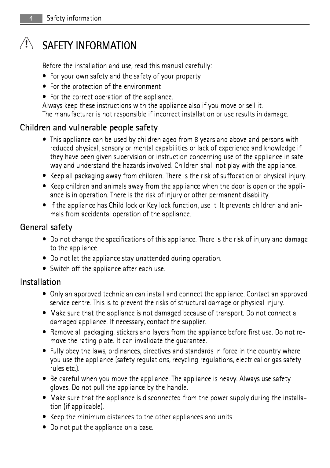 AEG 30006FF user manual Safety Information, Children and vulnerable people safety, General safety, Installation 