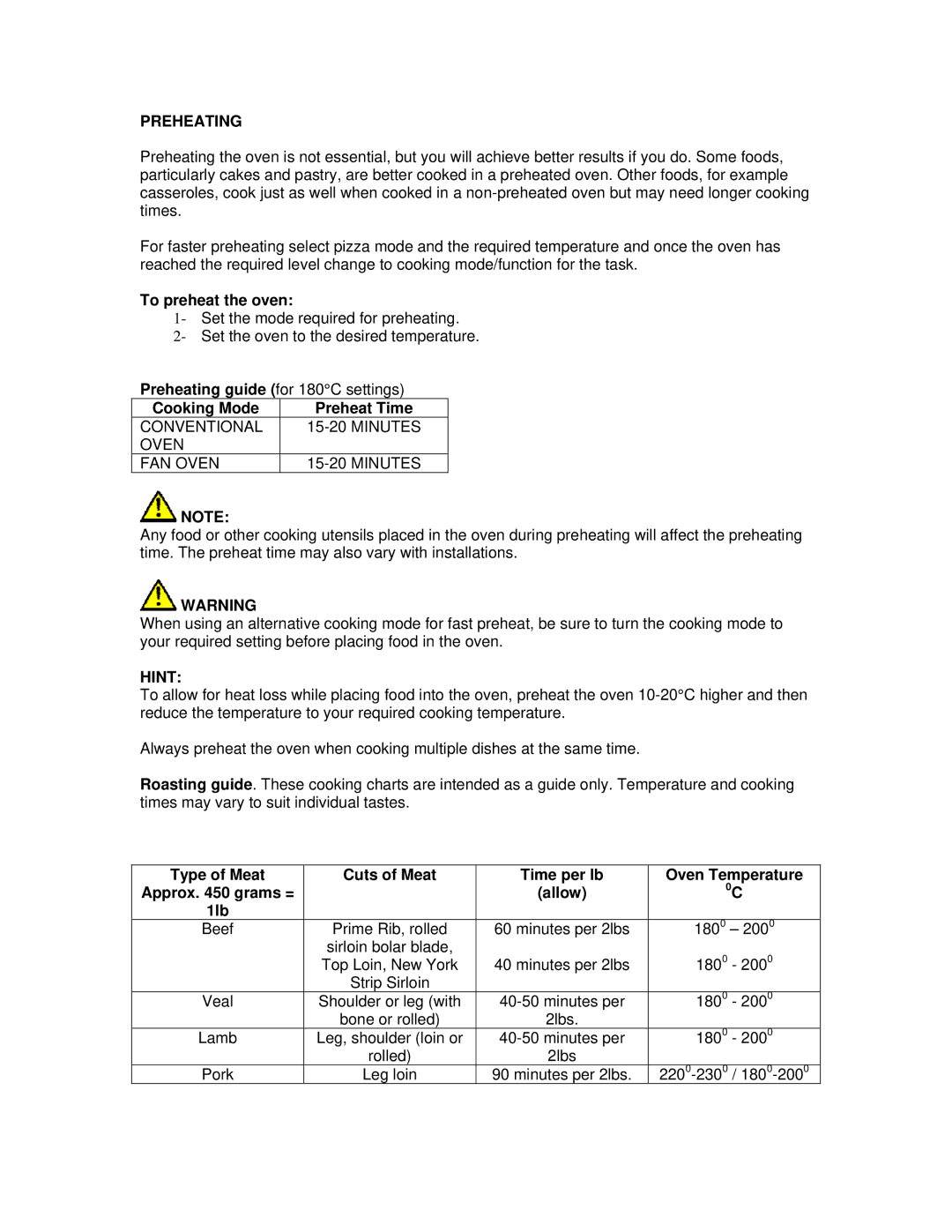 AEG 3007VNM-M manual Preheating, Hint 