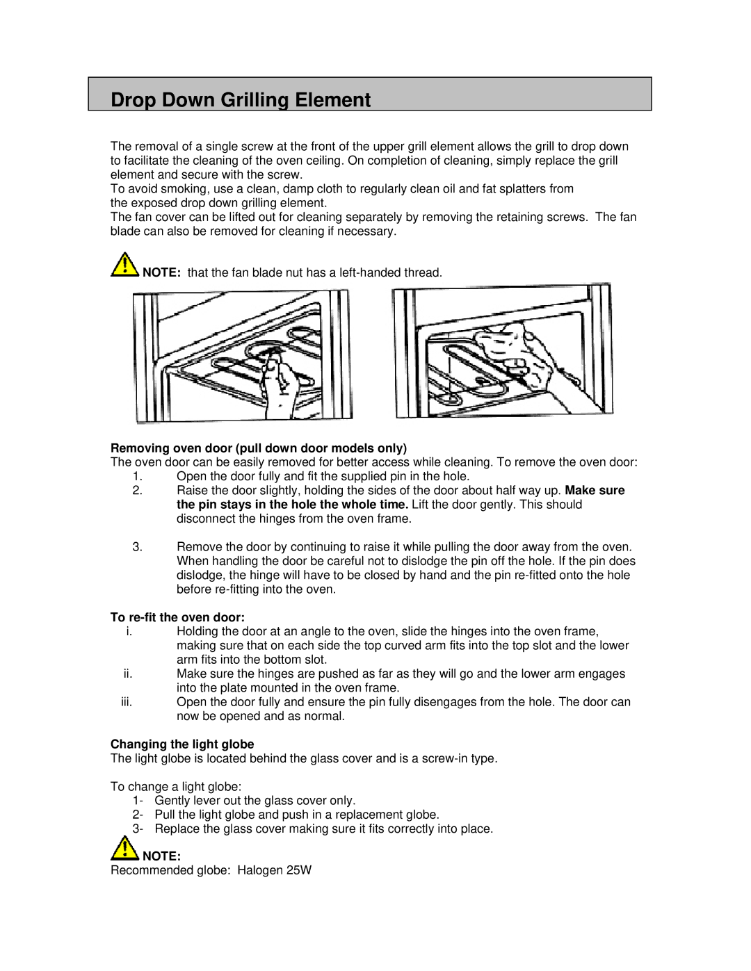 AEG 3007VNM-M manual Drop Down Grilling Element, Removing oven door pull down door models only, To re-fit the oven door 