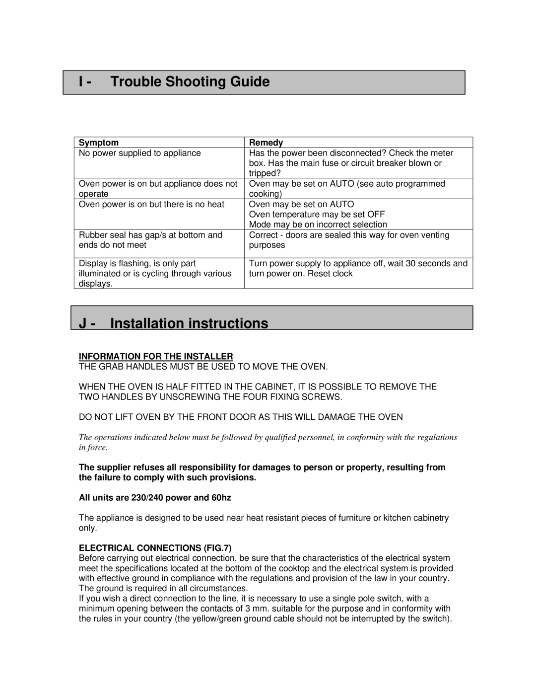 AEG 3007VNM-M manual Trouble Shooting Guide, Installation instructions, Symptom Remedy, Information for the Installer 