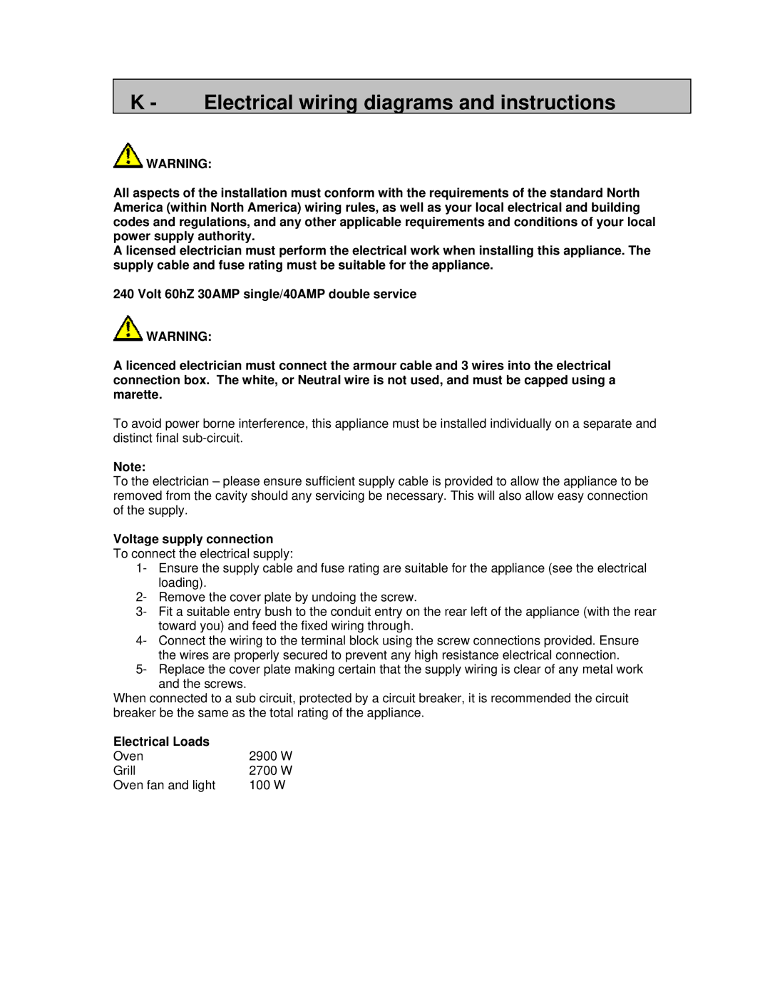 AEG 3007VNM-M Electrical wiring diagrams and instructions, Voltage supply connection To connect the electrical supply 