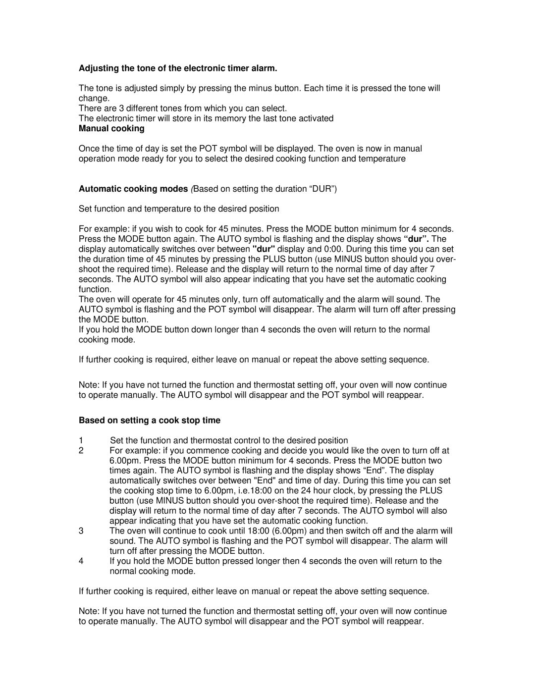 AEG 3007VNM-M manual Adjusting the tone of the electronic timer alarm, Manual cooking, Based on setting a cook stop time 