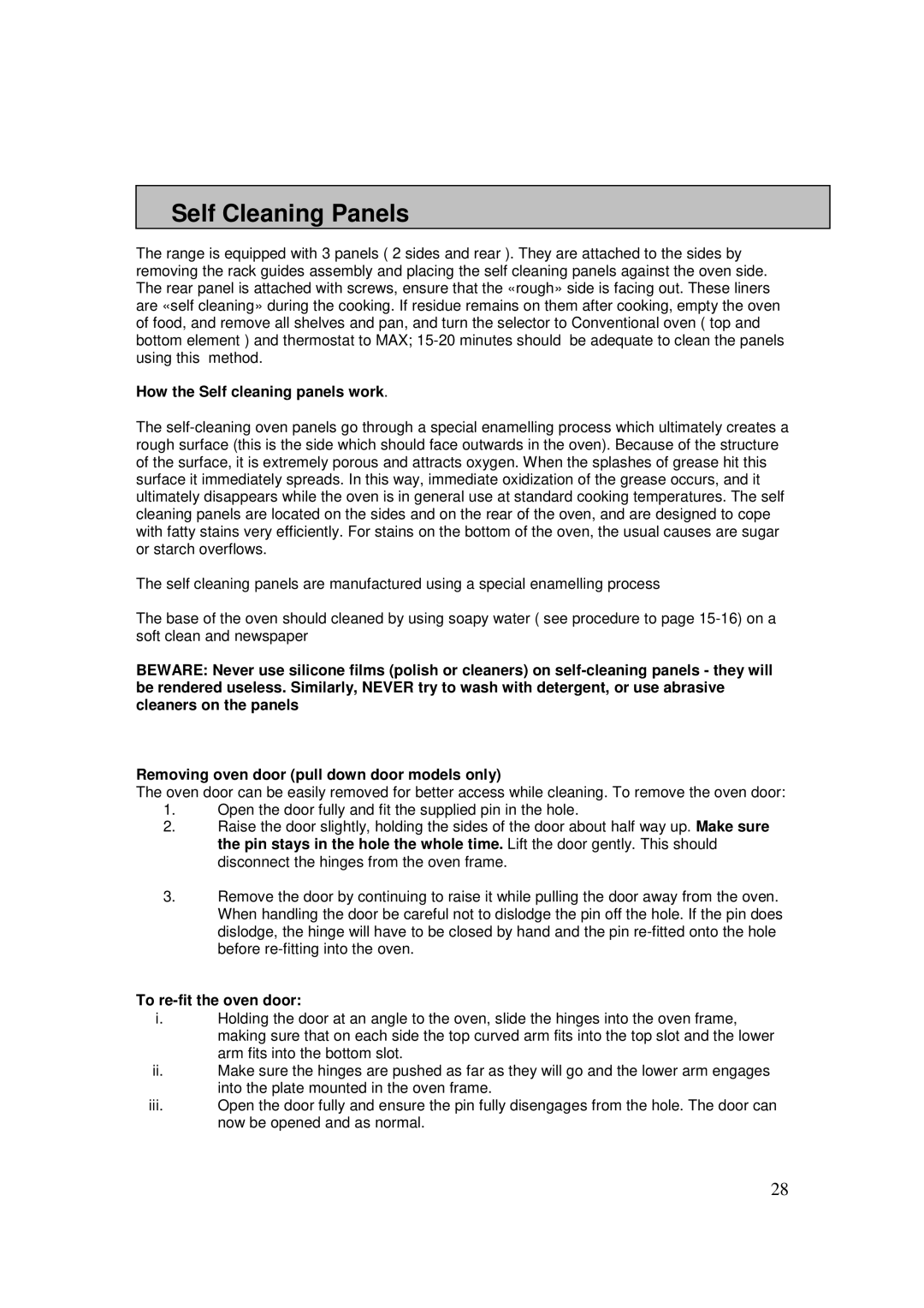 AEG 3009VNMM, 3009VNM-M user manual Self Cleaning Panels, How the Self cleaning panels work, To re-fit the oven door 