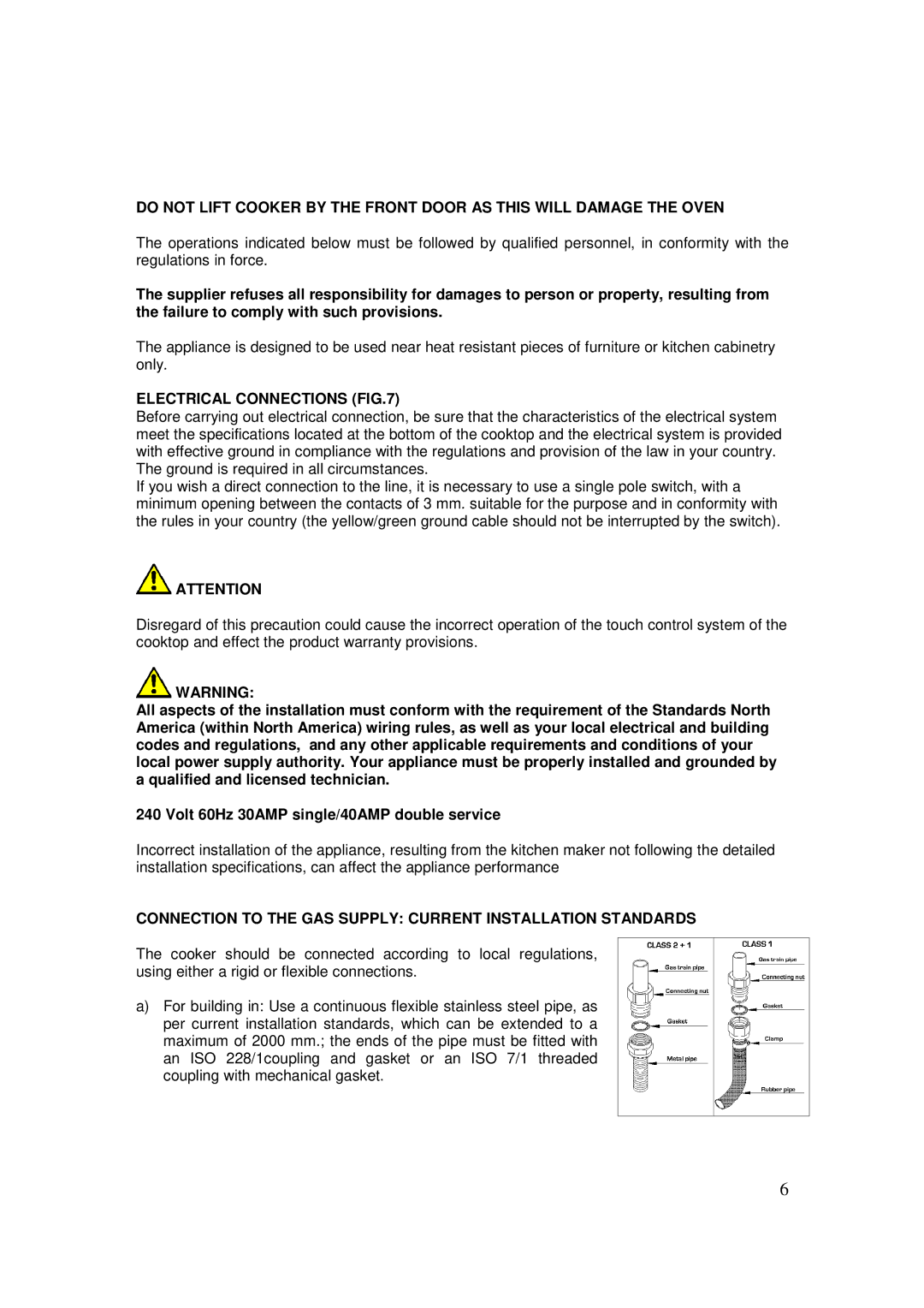 AEG 3009VNMM, 3009VNM-M user manual Electrical Connections, Connection to the GAS Supply Current Installation Standards 