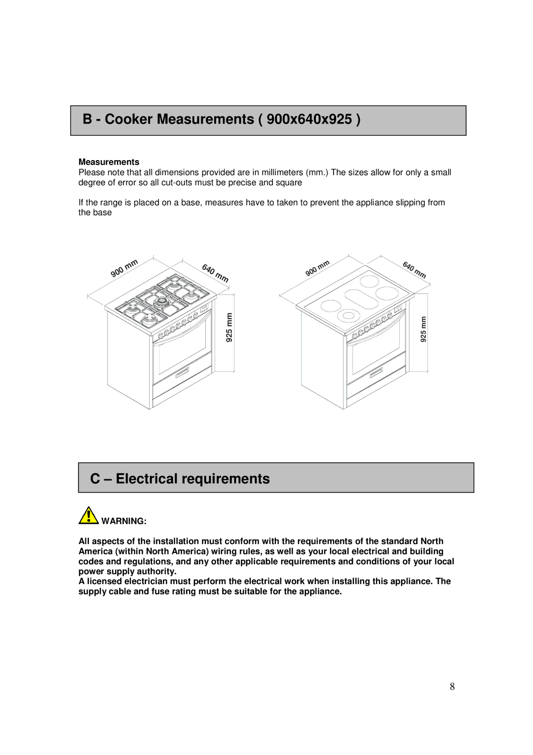 AEG 3009VNMM, 3009VNM-M user manual Cooker Measurements, Electrical requirements 