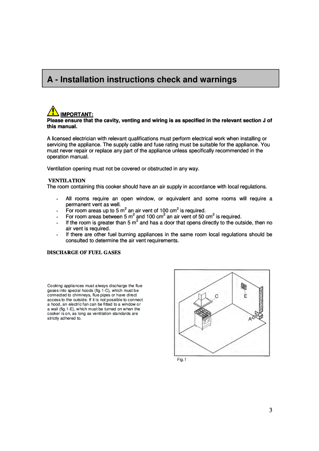 AEG 3009VNM-M, 3009VNMM user manual A - Installation instructions check and warnings, Ventilation, Discharge Of Fuel Gases 