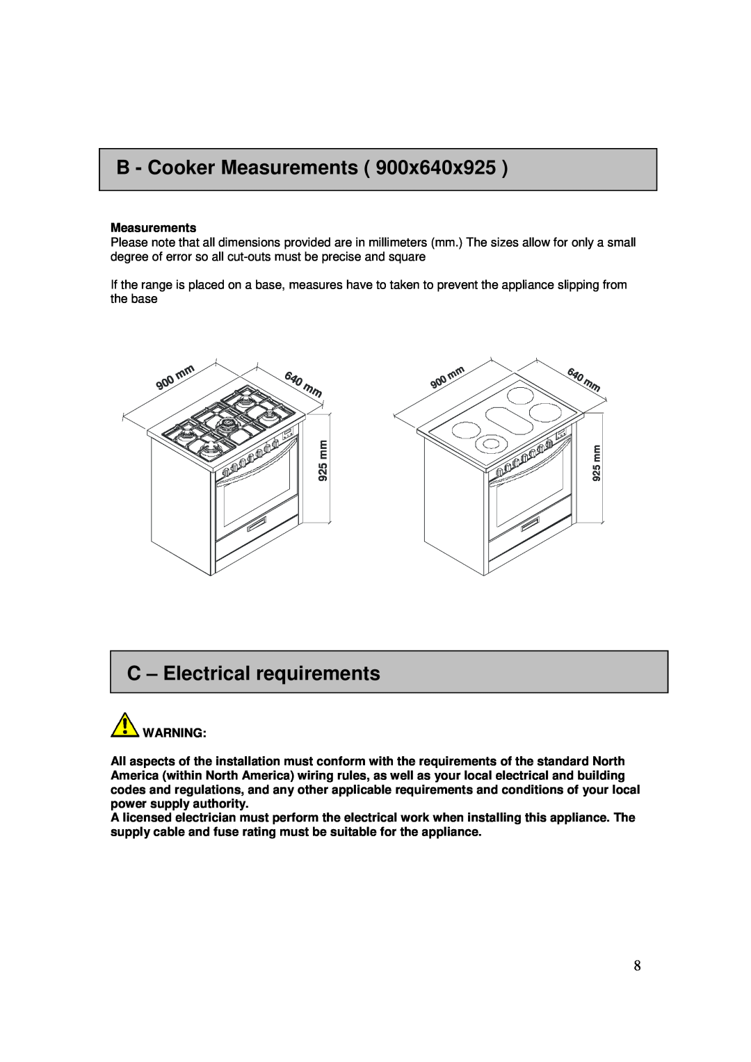 AEG 3009VNMM, 3009VNM-M user manual B - Cooker Measurements, C - Electrical requirements 