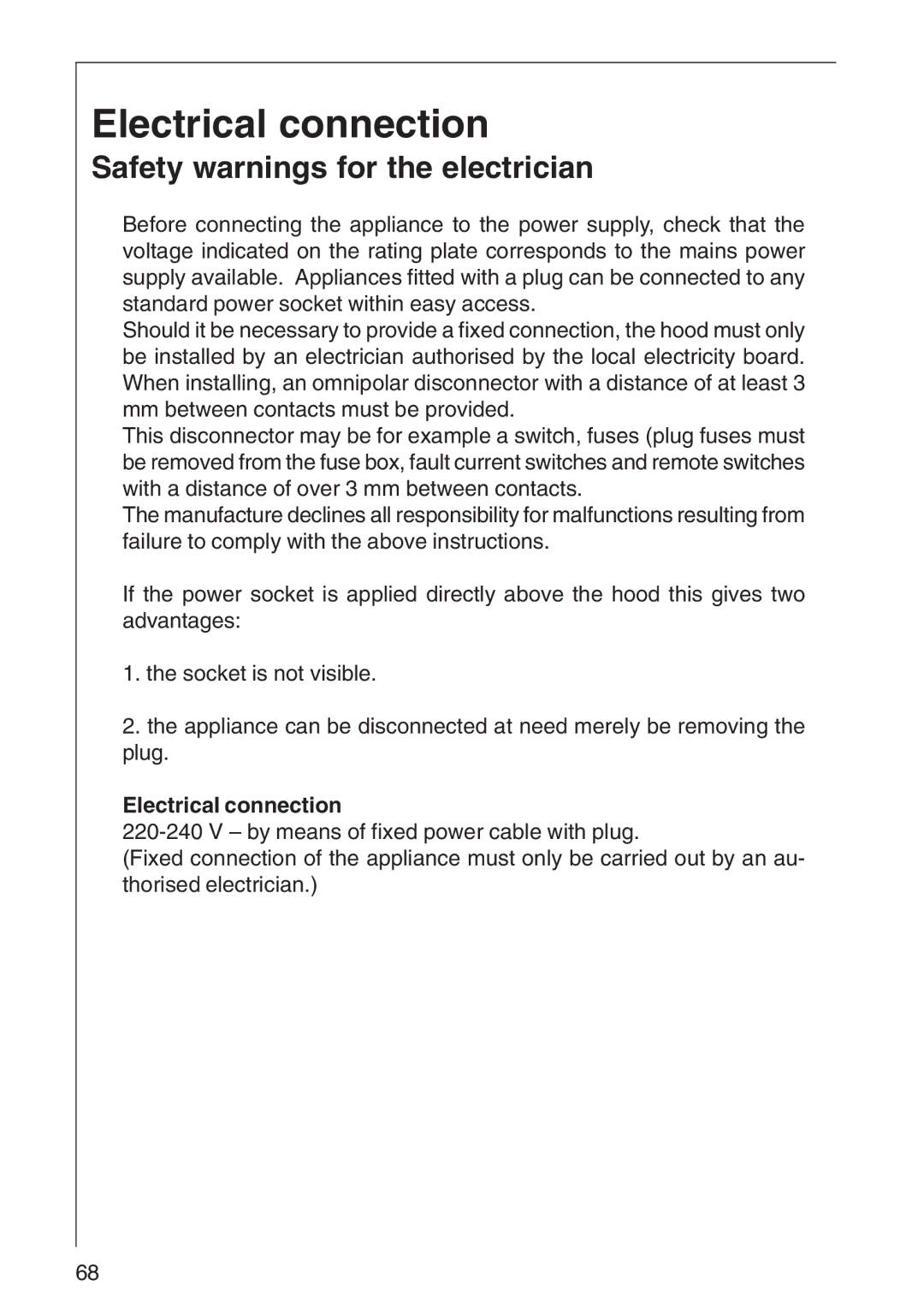 AEG 3010 D, 3000 D installation instructions Electrical connection, Safety warnings for the electrician 