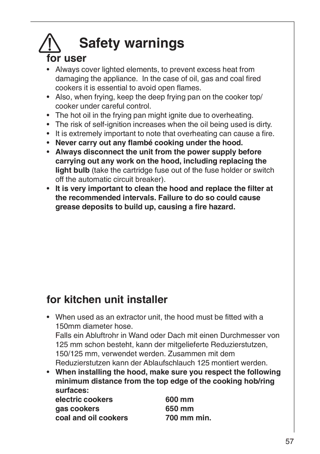 AEG 3000 D, 3010 D installation instructions Safety warnings, For user, For kitchen unit installer 