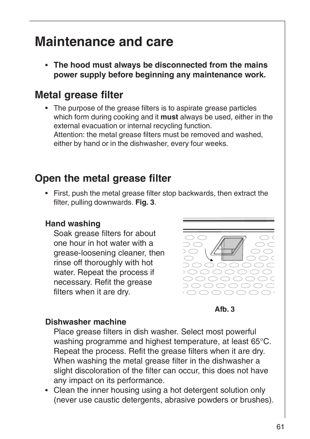 AEG 3000 D, 3010 D installation instructions Maintenance and care, Metal grease filter, Open the metal grease filter, Afb 