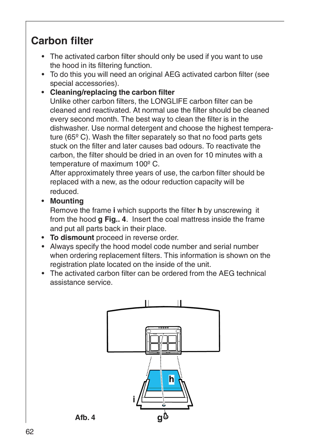AEG 3010 D, 3000 D installation instructions Carbon filter, Cleaning/replacing the carbon filter, Mounting 