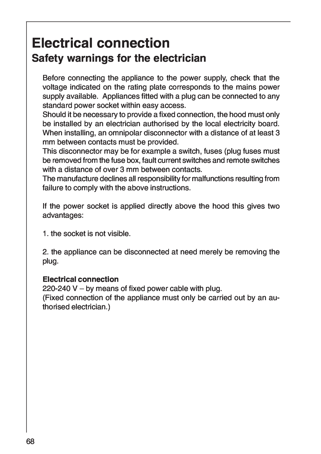 AEG 3010 D, 3000 D installation instructions Electrical connection, Safety warnings for the electrician 