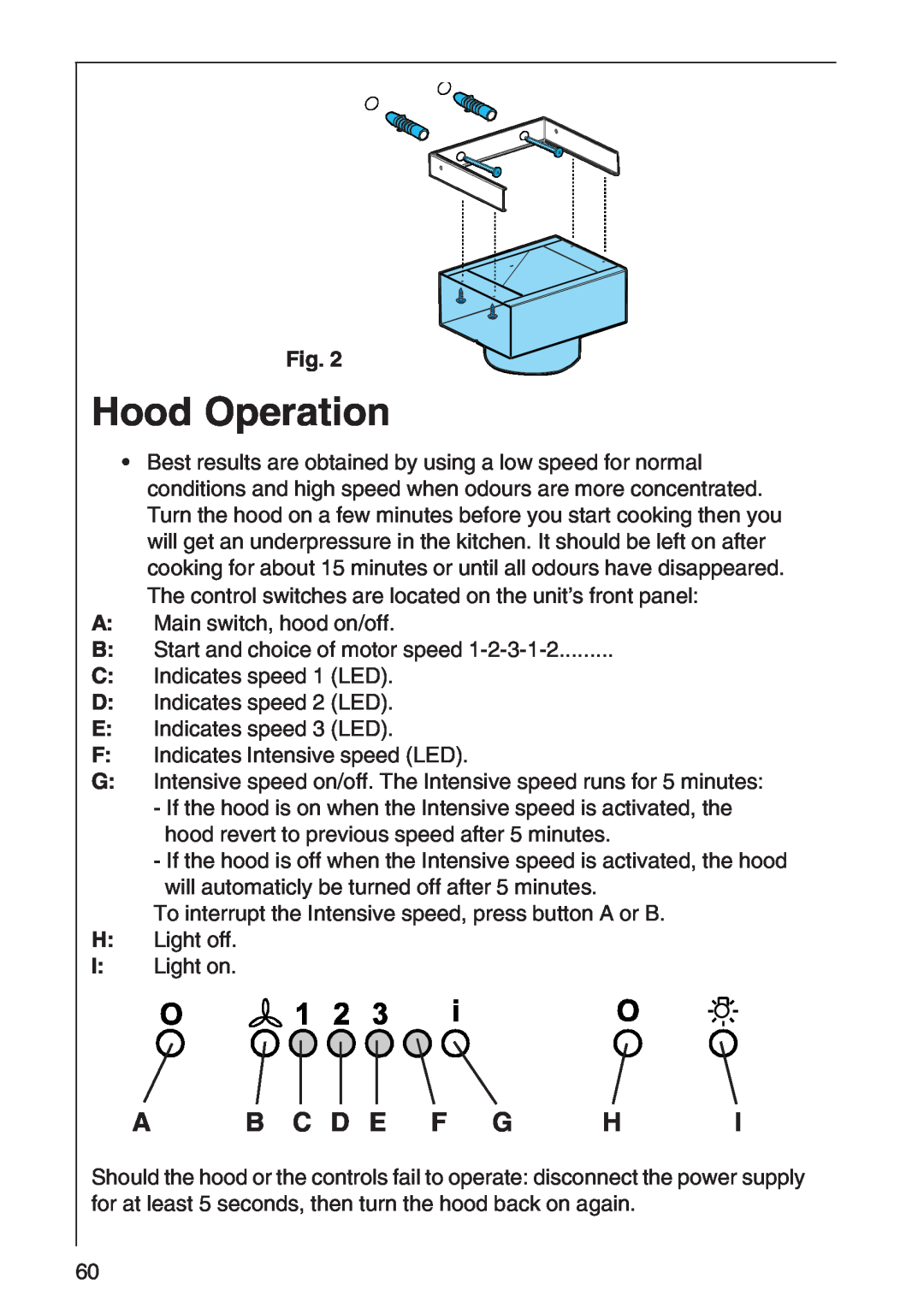 AEG 3010 D, 3000 D installation instructions Hood Operation, A B C D E F G H 