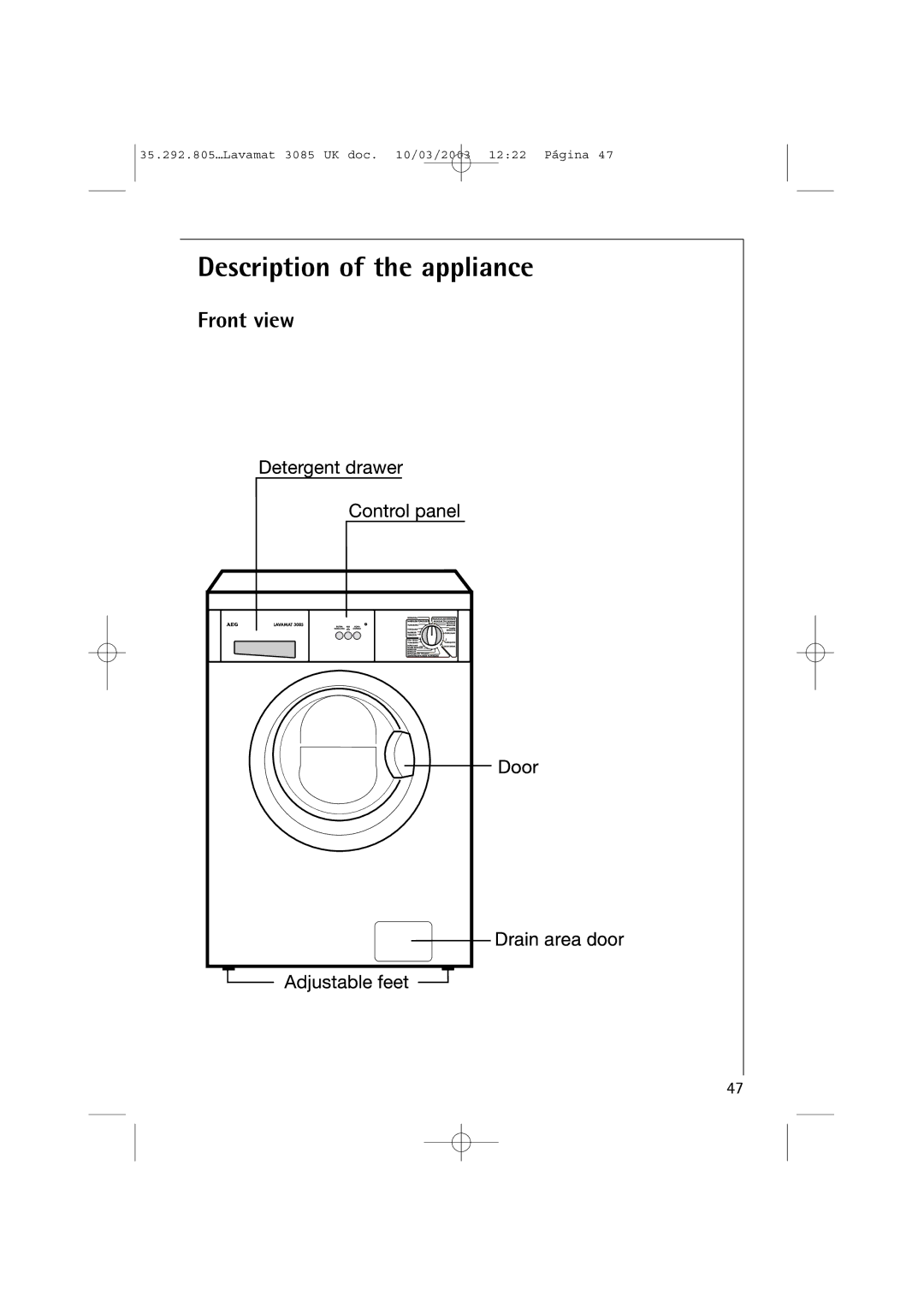 AEG 3085 manual Description of the appliance, Front view 