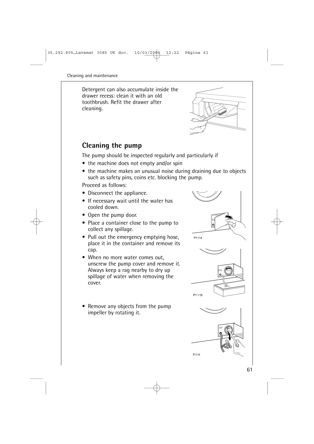 AEG 3085 manual P1115, Cleaning the pump 