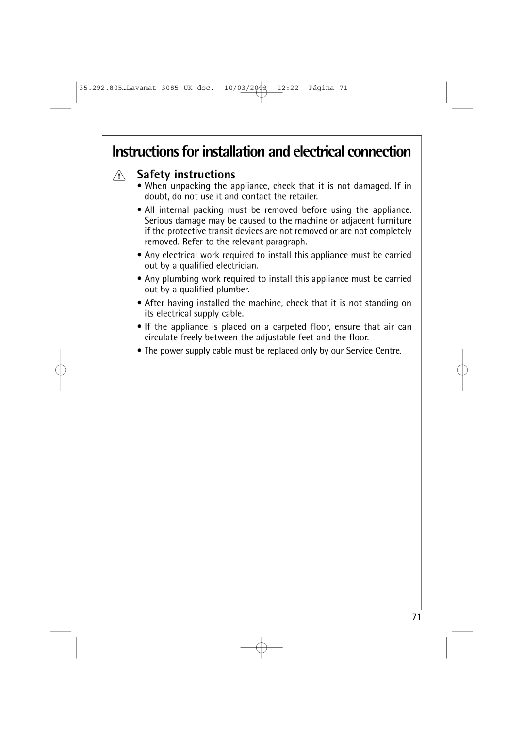 AEG 3085 manual Instructions for installation and electrical connection, Safety instructions 