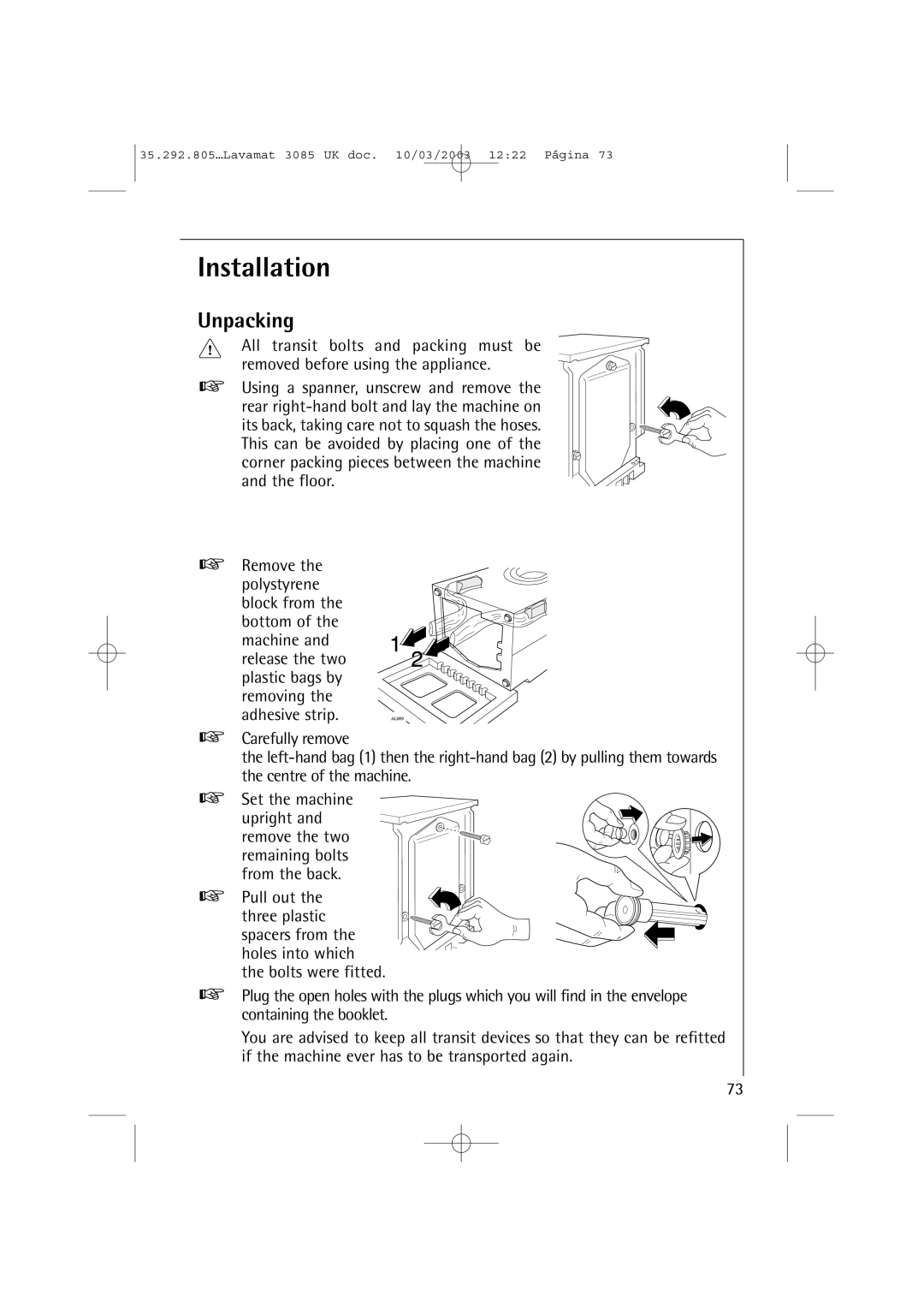 AEG 3085 manual Installation, Unpacking 