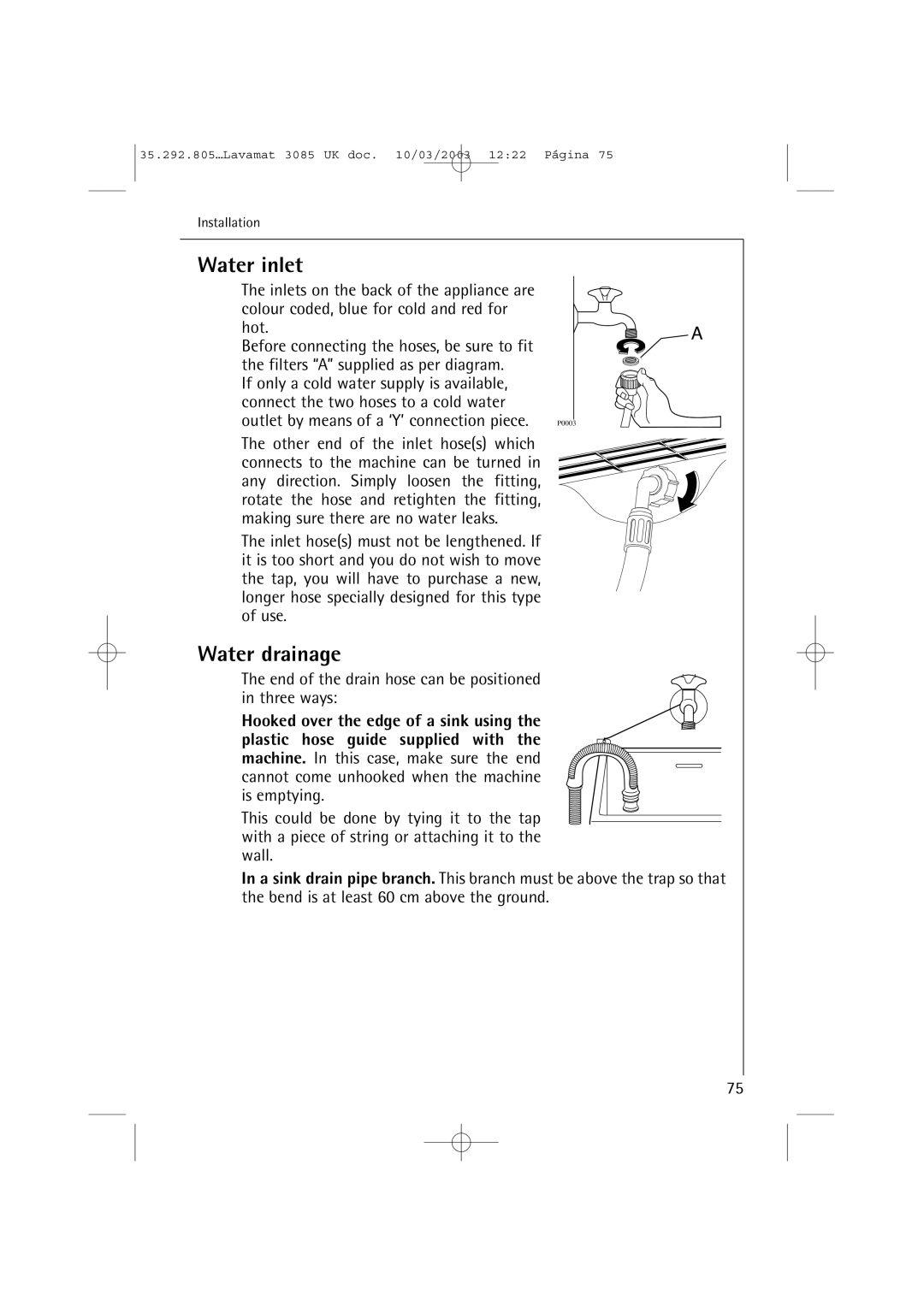 AEG 3085 manual Water inlet, Water drainage, Colour coded, blue for cold and red for Hot 