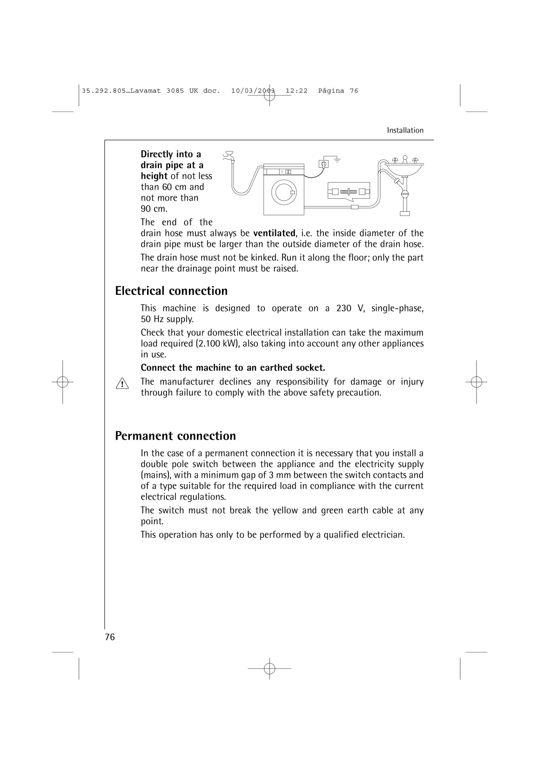 AEG 3085 manual Electrical connection, Permanent connection, Directly into a, Not more than 90 cm End 