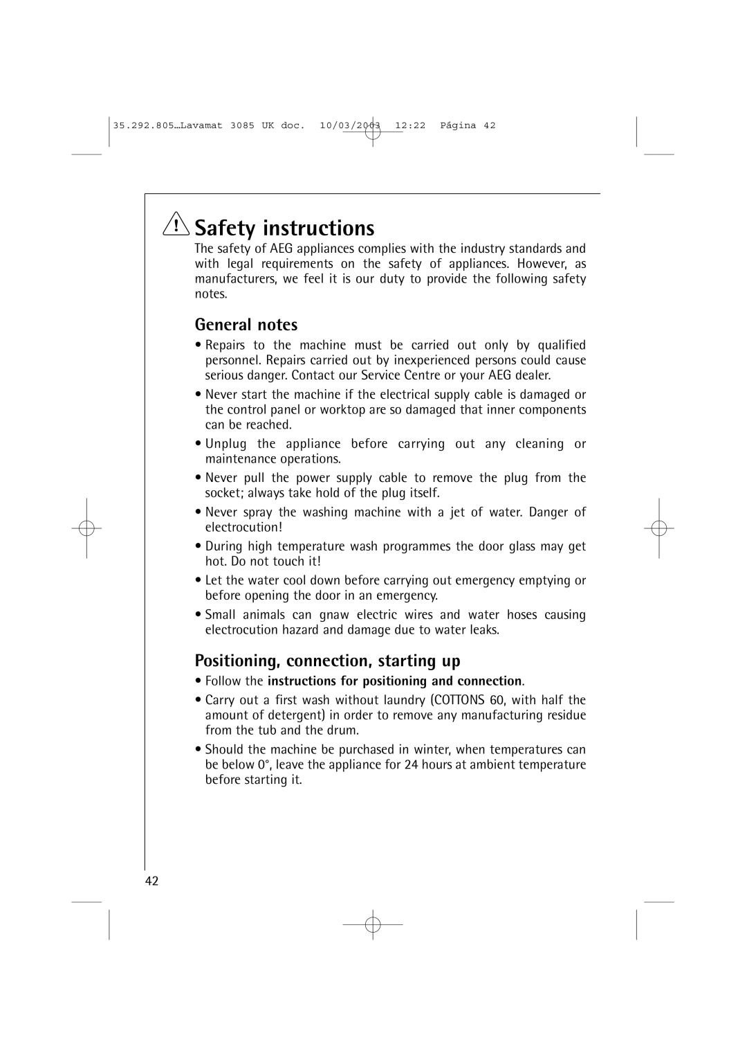 AEG 3085 manual Safety instructions, General notes, Positioning, connection, starting up 