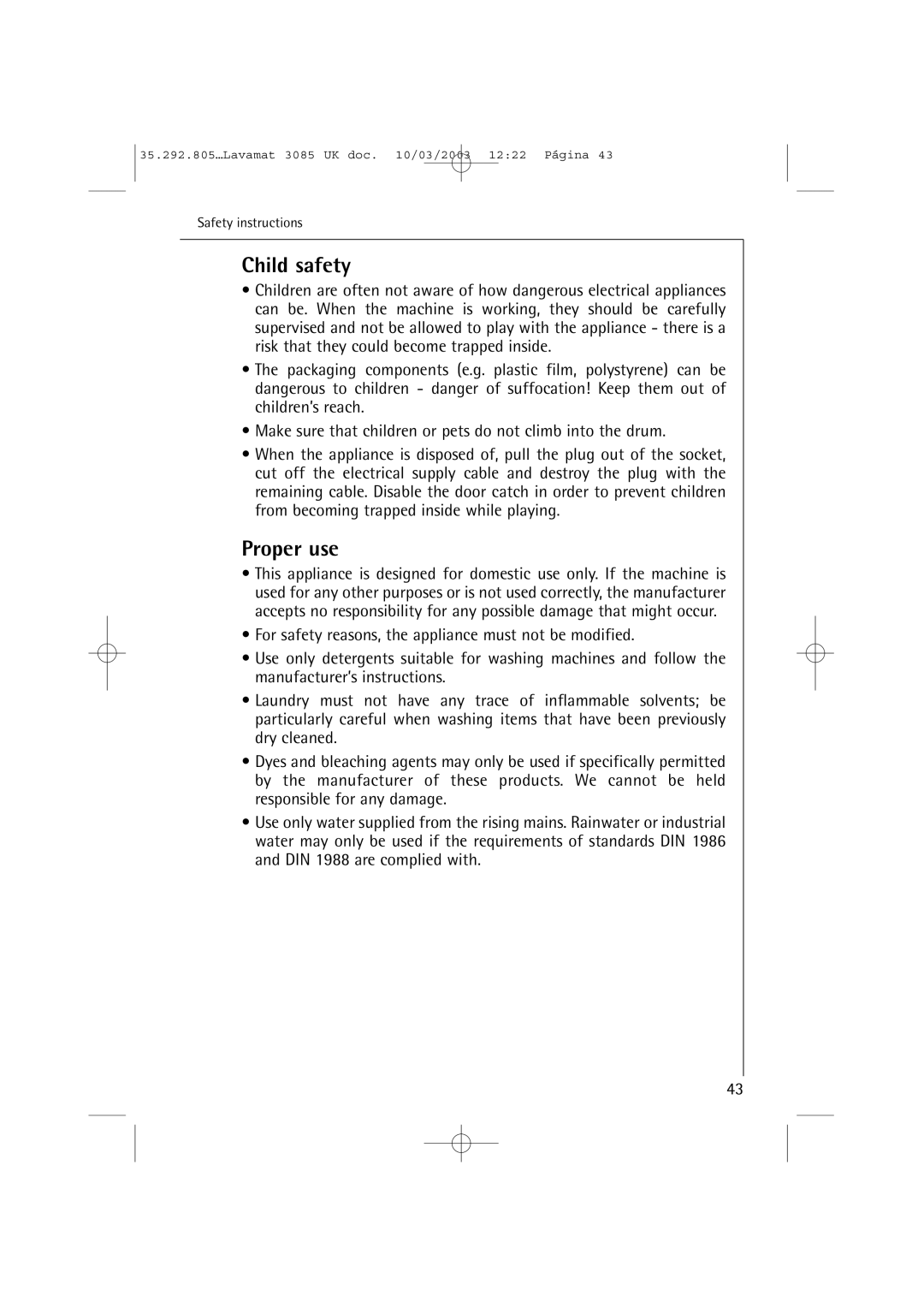 AEG 3085 manual Child safety, Proper use 