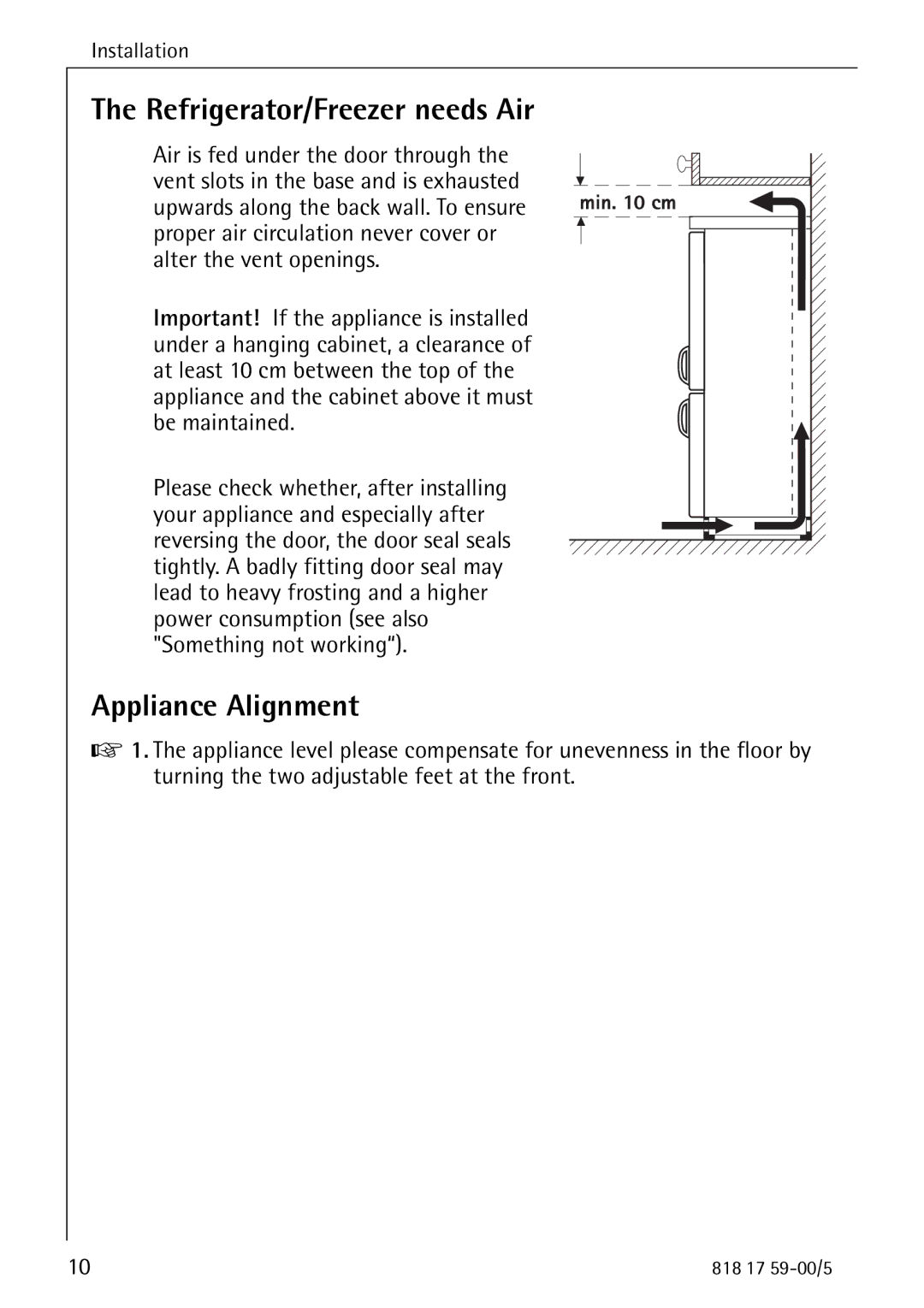 AEG 3150-7 KG manual Refrigerator/Freezer needs Air, Appliance Alignment 