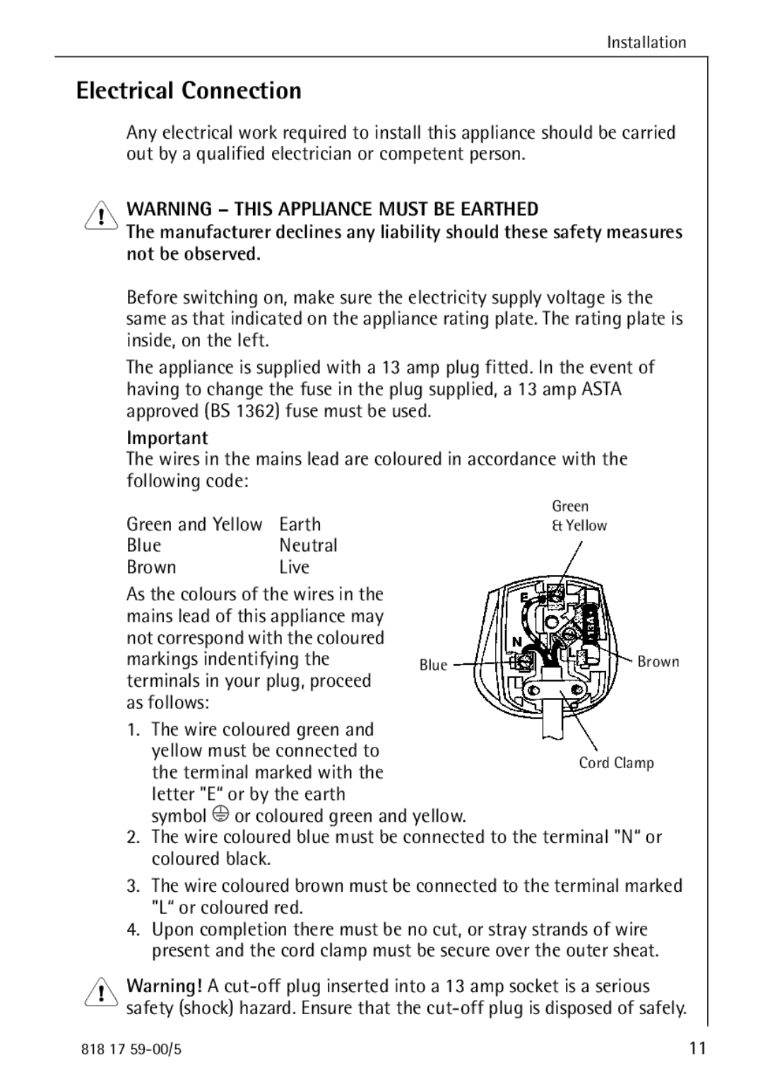 AEG 3150-7 KG Electrical Connection, Terminals in your plug, proceed, Wire coloured green Yellow must be connected to 