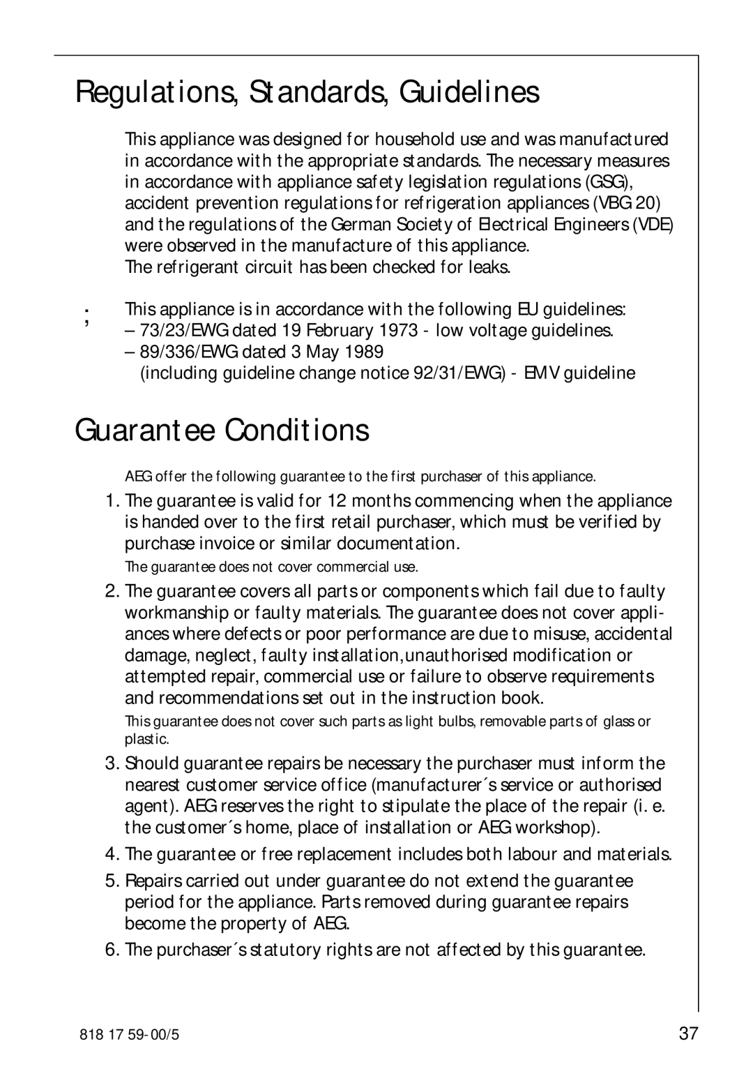 AEG 3150-7 KG manual Regulations, Standards, Guidelines, Guarantee Conditions 