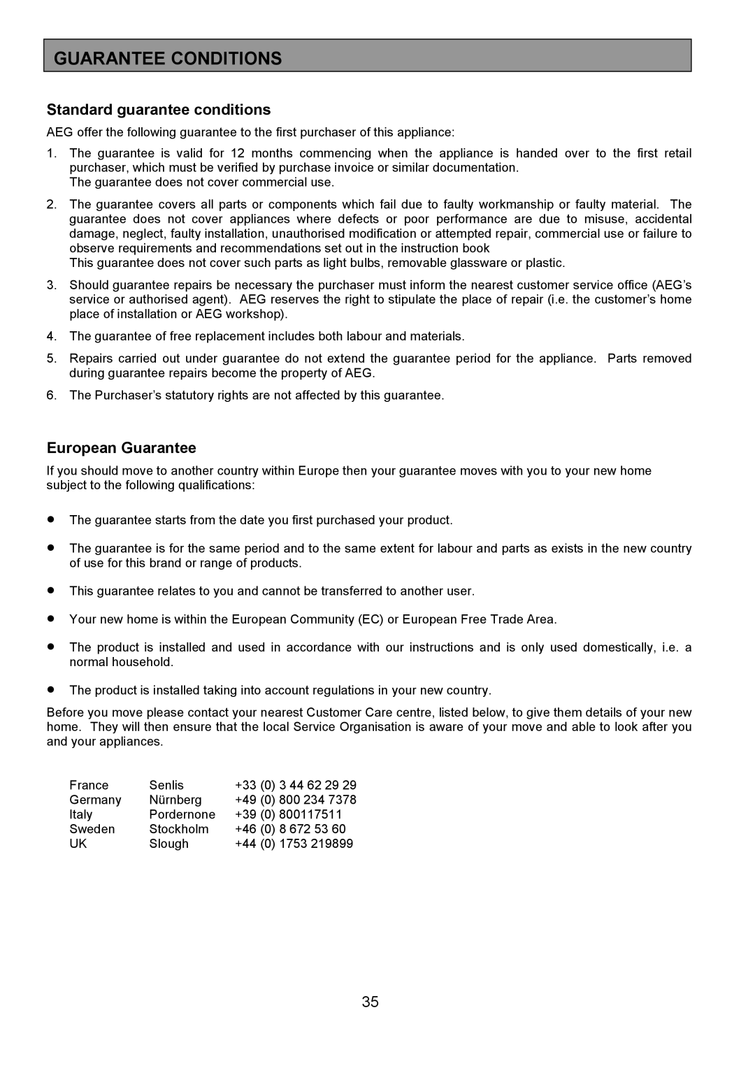 AEG 3210 BU installation instructions Guarantee Conditions, Standard guarantee conditions 