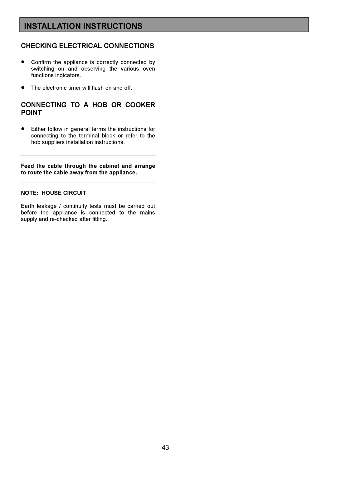 AEG 3210 BU installation instructions Checking Electrical Connections, Connecting to a HOB or Cooker Point 