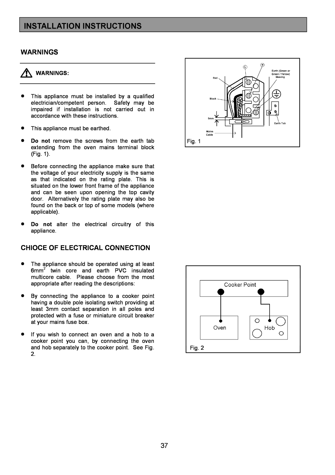 AEG 3210 BU installation instructions Installation Instructions, Warnings, Chioce Of Electrical Connection 
