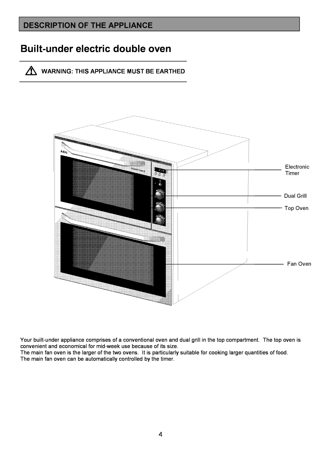 AEG 3210 BU Built-under electric double oven, Description Of The Appliance, Warning This Appliance Must Be Earthed 