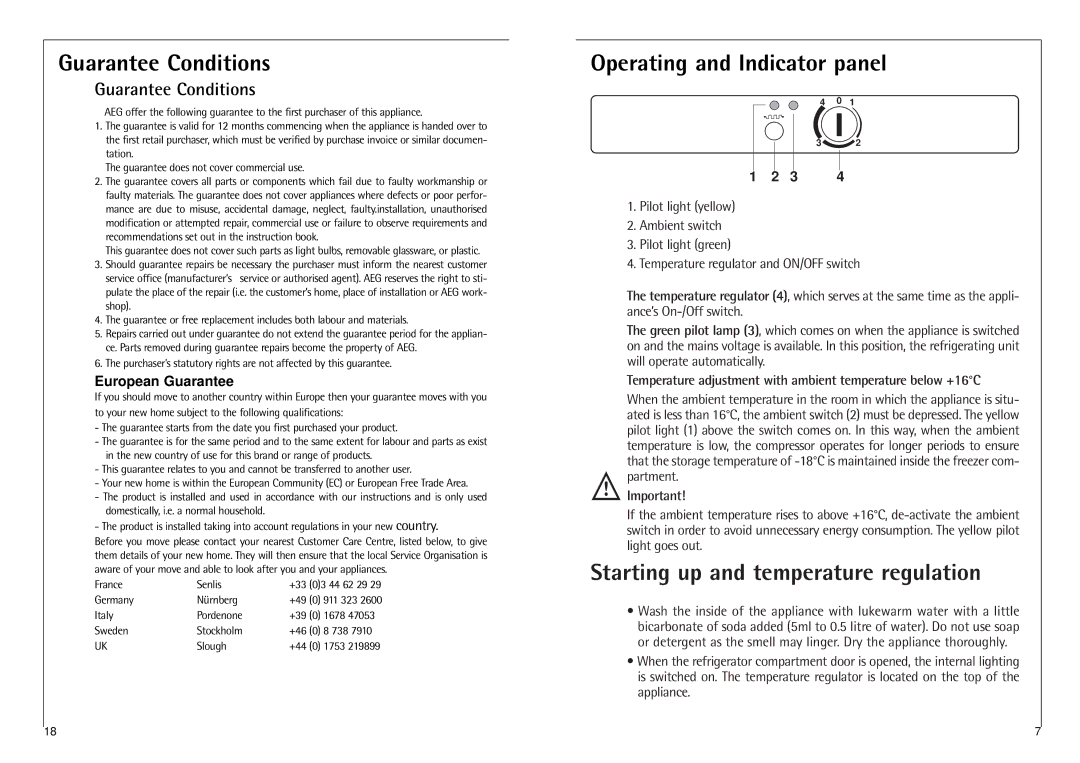 AEG 3288-6 KG, 3250-6 KG manual Guarantee Conditions, Operating and Indicator panel, Starting up and temperature regulation 