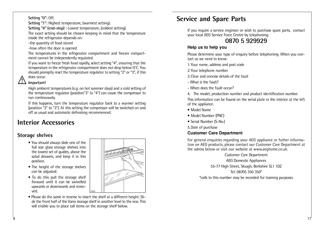 AEG 3250-6 KG, 3288-6 KG manual Interior Accessories, Service and Spare Parts, 0870 5, Storage shelves, Setting 0 Off 