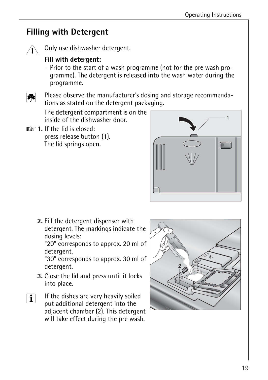 AEG 33060 I manual Filling with Detergent, Fill with detergent 