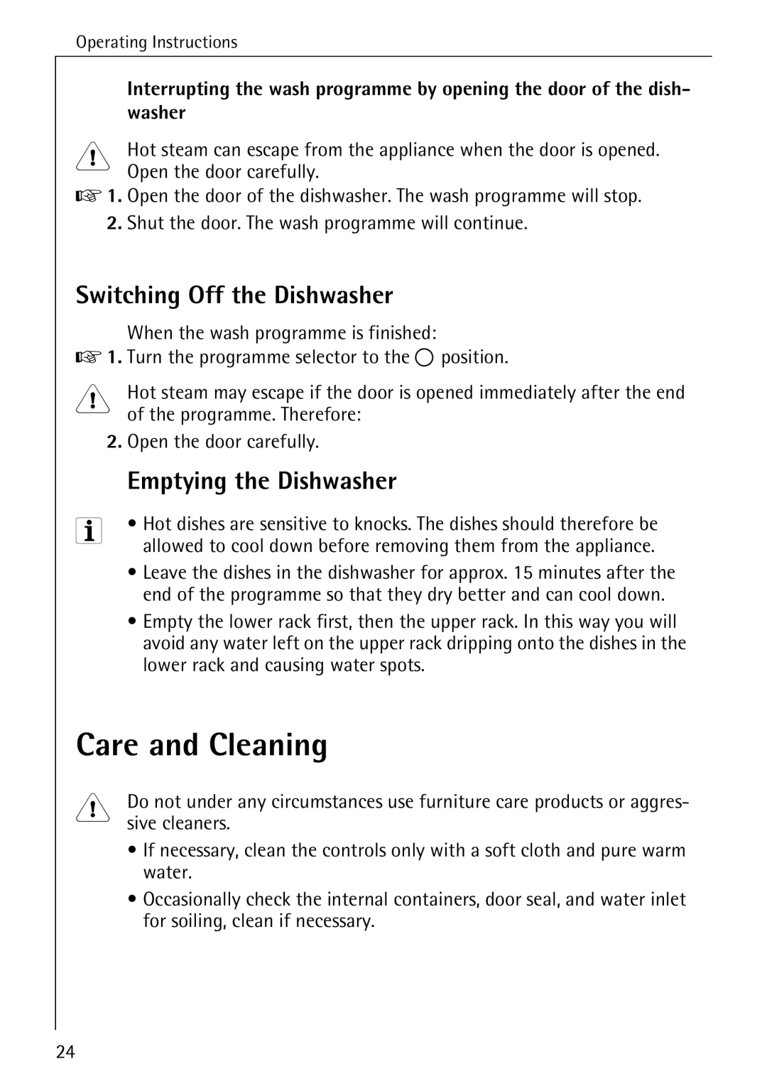 AEG 33060 I Care and Cleaning, Switching Off the Dishwasher, Emptying the Dishwasher, Washer, Open the door carefully 