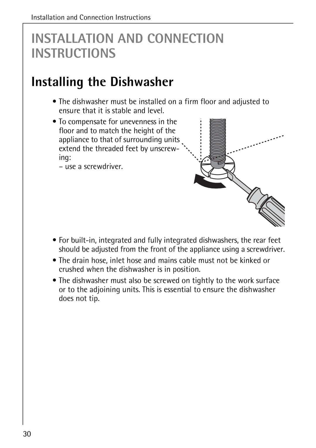 AEG 33060 I manual Installation and Connection Instructions, Installing the Dishwasher 