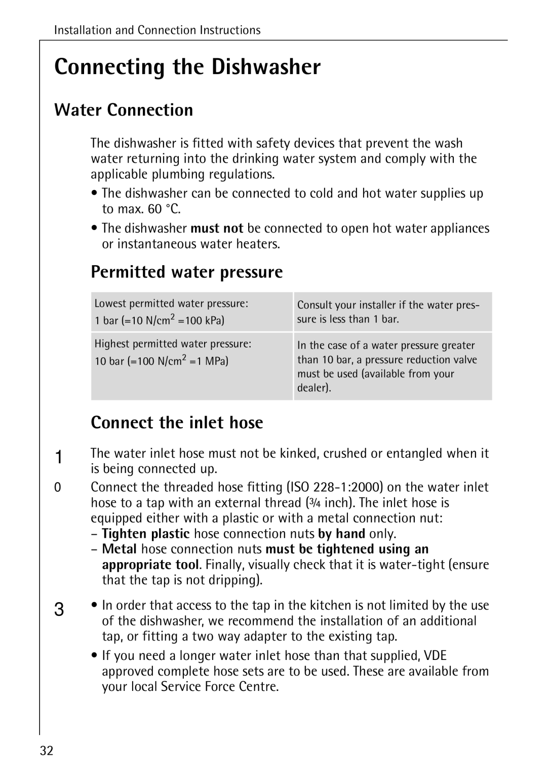 AEG 33060 I manual Connecting the Dishwasher, Water Connection, Permitted water pressure, Connect the inlet hose 