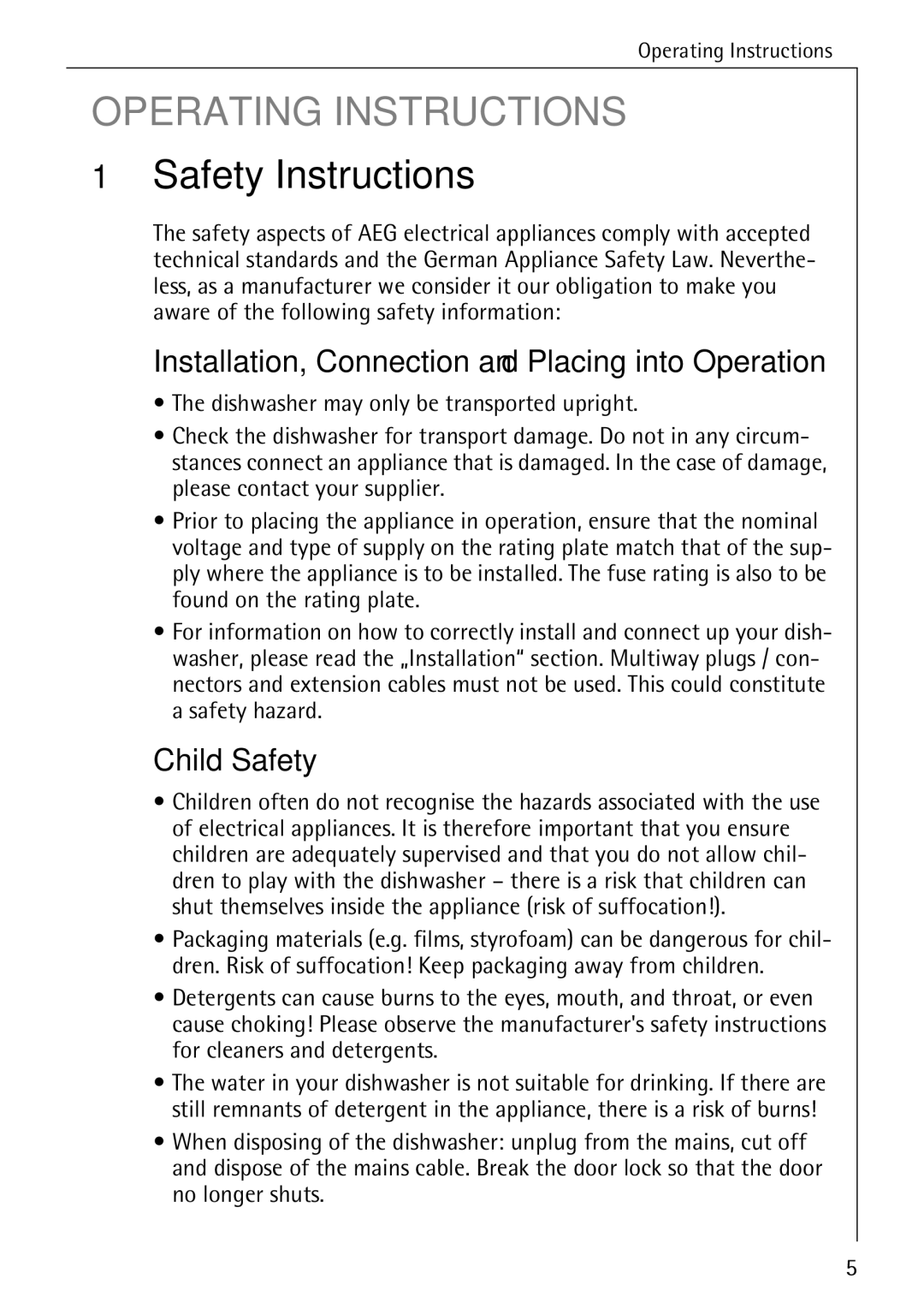 AEG 33060 I manual Safety Instructions, Installation, Connection and Placing into Operation, Child Safety 