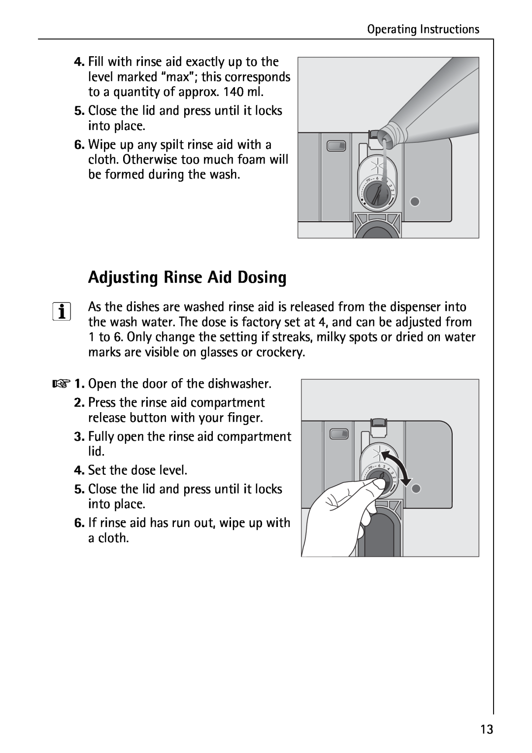 AEG 33060 I manual Adjusting Rinse Aid Dosing 