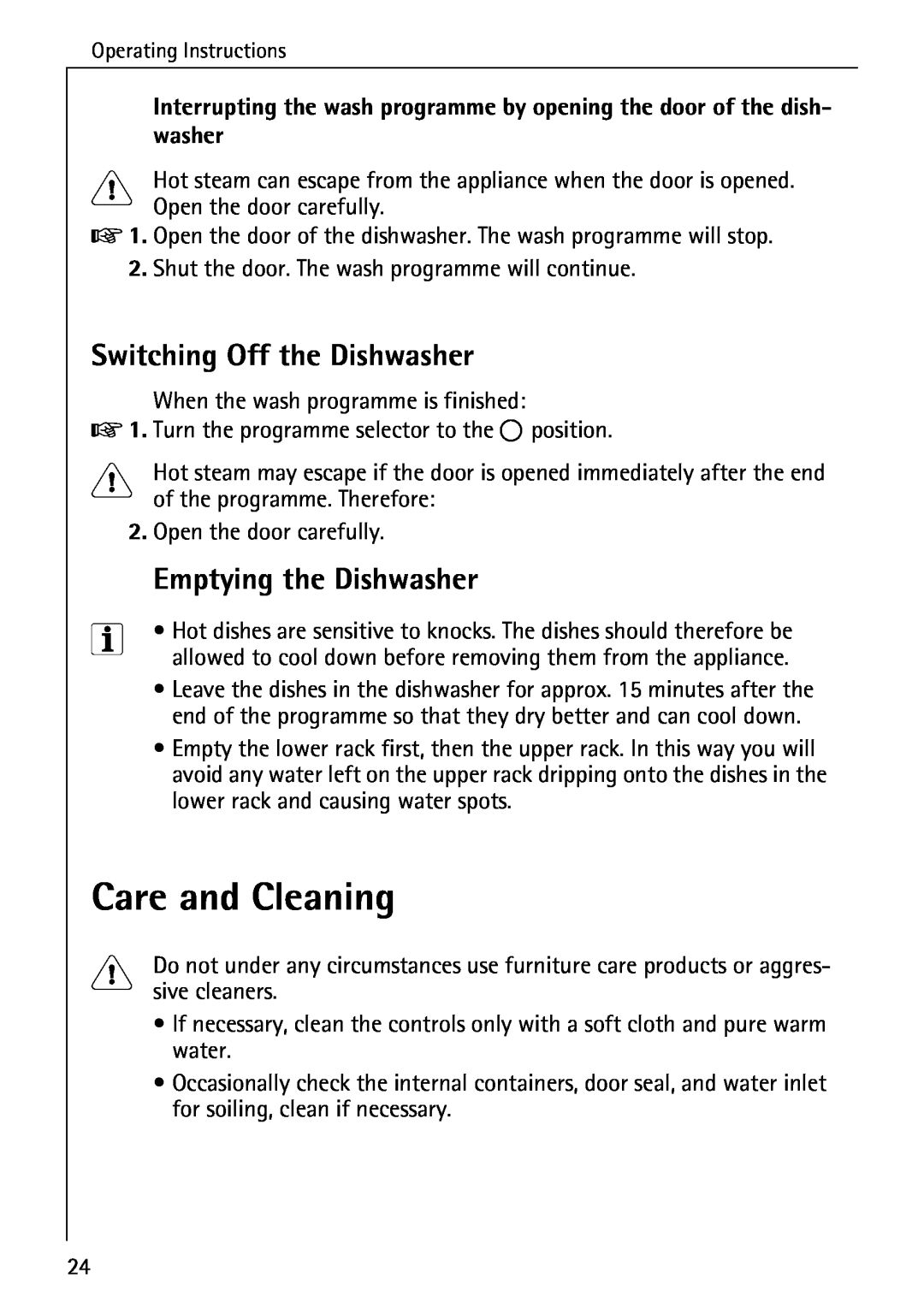 AEG 33060 I manual Care and Cleaning, Switching Off the Dishwasher, Emptying the Dishwasher, Open the door carefully 