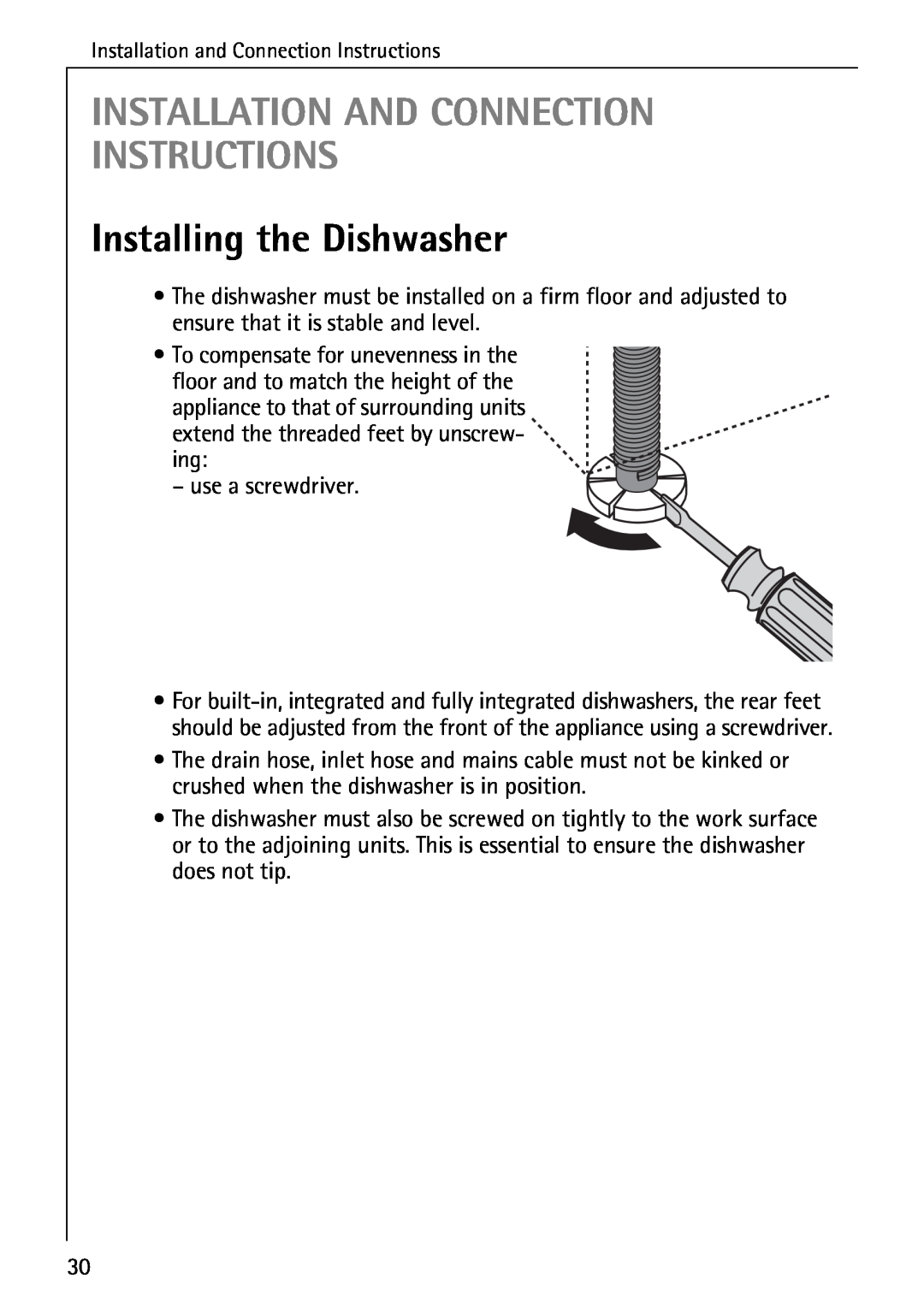 AEG 33060 I manual Installation And Connection Instructions, Installing the Dishwasher 
