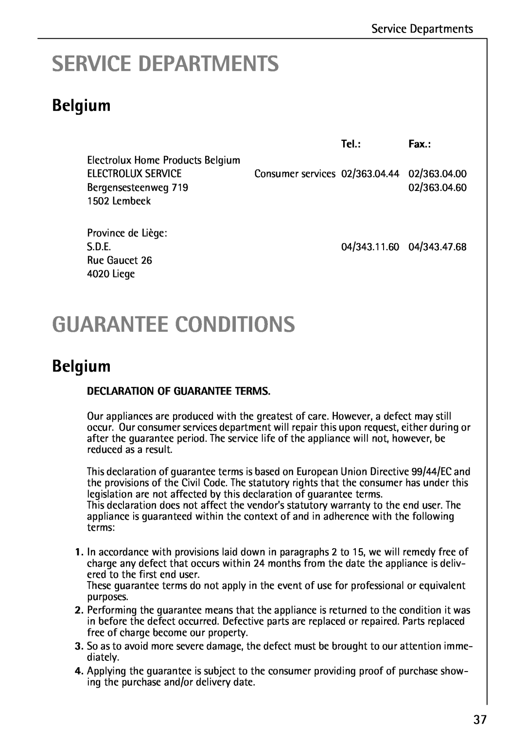 AEG 33060 I manual Service Departments, Guarantee Conditions, Belgium, Declaration Of Guarantee Terms 