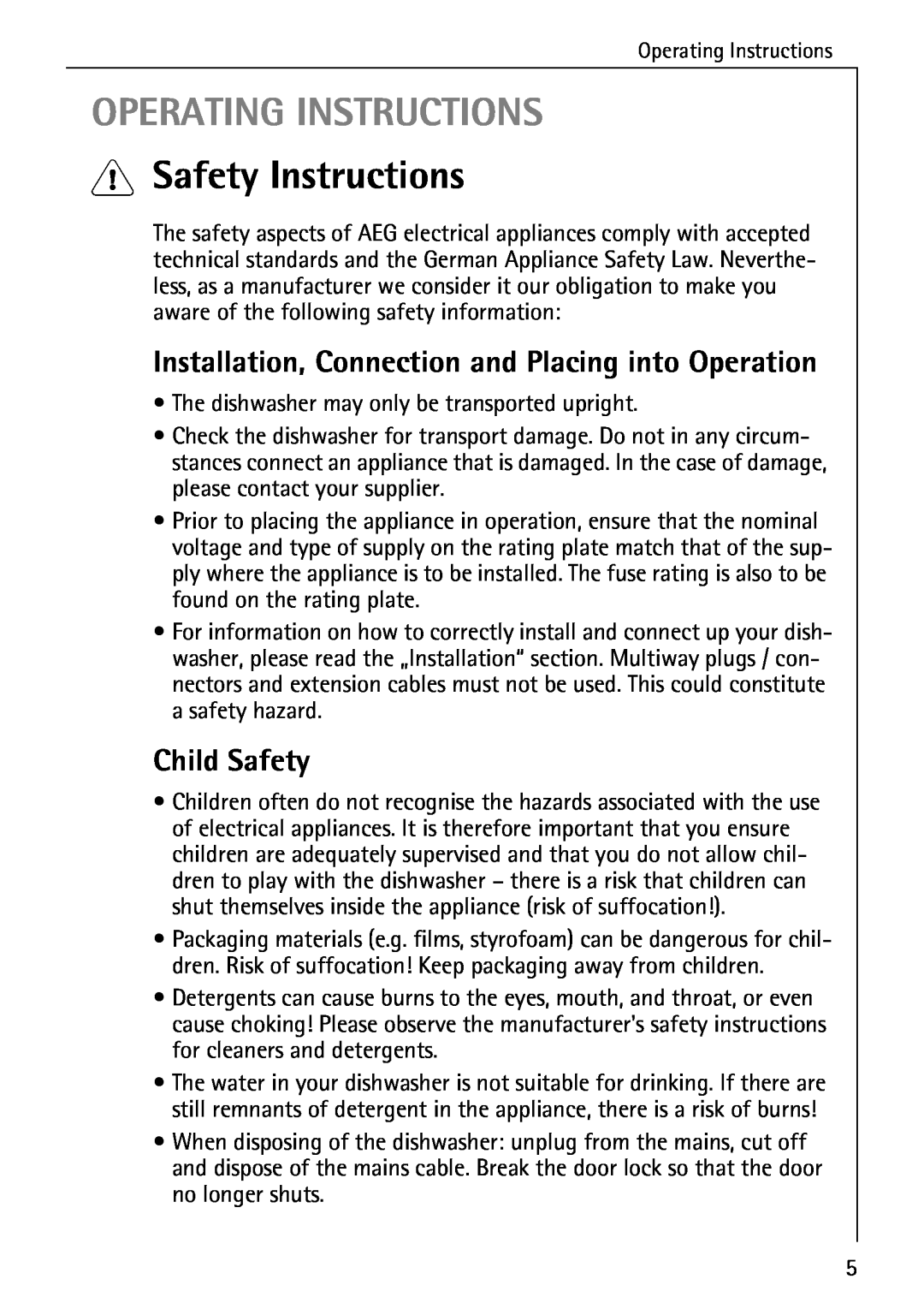 AEG 33060 I Operating Instructions, Safety Instructions, Installation, Connection and Placing into Operation, Child Safety 
